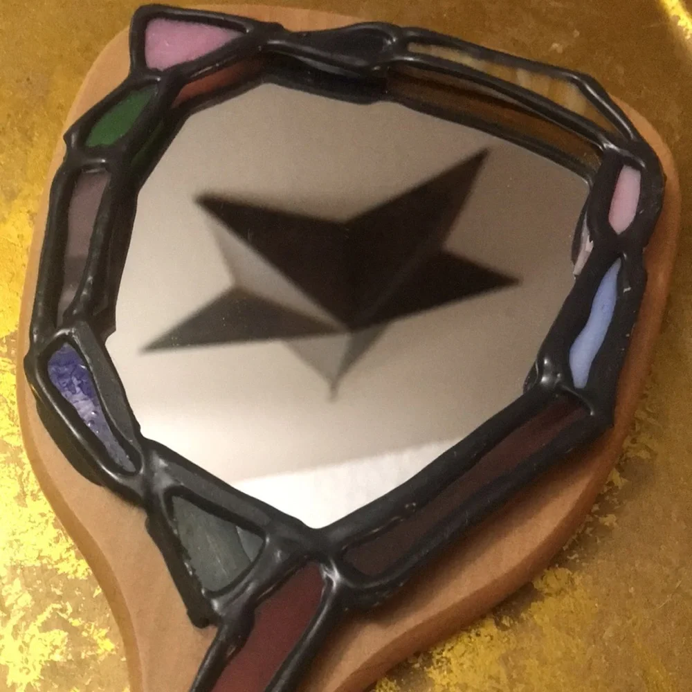 Unique Hand Mirror Wood W/Stained Glass Trim